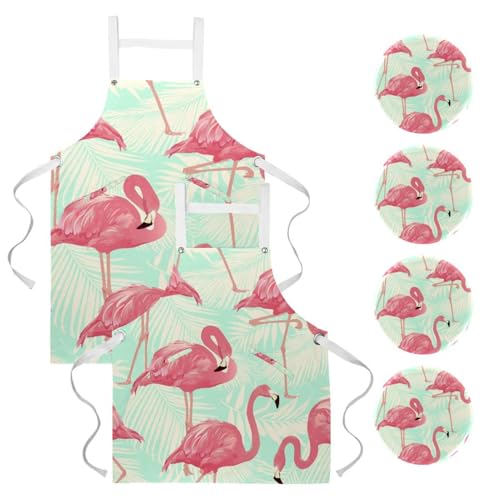 Lot de 2 tabliers de cuisine à motif flamants roses avec 4 broches