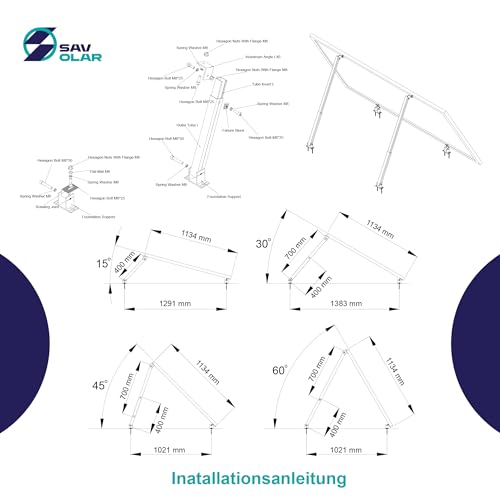 2 Sets SAVOLAR Solarmodul Halterung Balkonkraftwerk Flachdach (15-60°) Winkel Einstellbar, 50-100cm Verstellbar, Balkonkraftwerk Halterung Flachdach Ziegeldach und Wand, Solarpanel Halterung flachdach