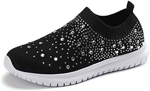 GOSPT Women's Mesh Walking Shoes Rhinestone Glitter Slip On Ballroom Jazz Latin Dance Sock Sneakers Black 6.5