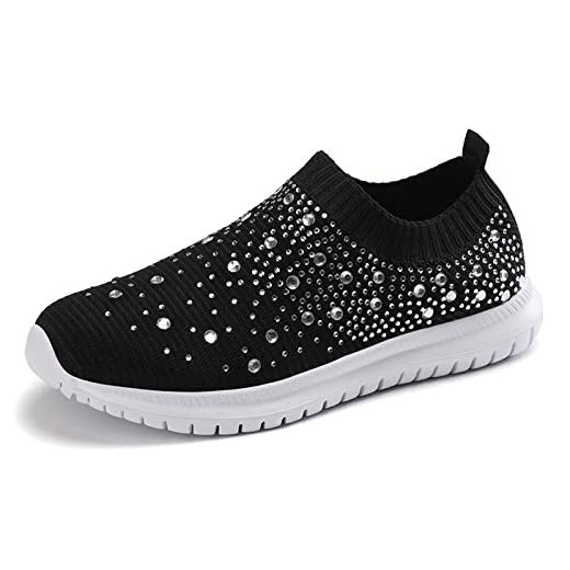 GOSPT Tênis feminino de malha para caminhada, strass, glitter, sem cadarço, para salão, jazz, dança latina, meia, Preto, 38