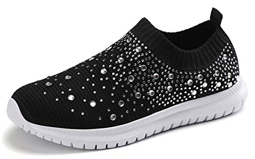 Women's Mesh Walking Shoes Rhinestone Glitter Slip On Ballroom Jazz Latin Dance Sock Sneakers