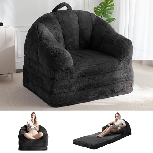Image of MAXYOYO Folding Sofa Bed, 2 in 1 Convertible Sofa to Lounger Comfy Single Bean Bag Chair for Adults, Floor Couch with Handle, Faux Fur Couch Bed for Living Room Bedroom, Black