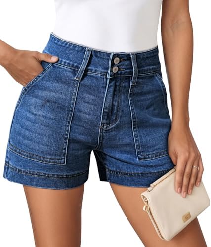 Pink Queen Women's High Waisted Denim Shorts 2026 Casual Summer Hot Short Jeans Vintage Patch Pocket Jeans Shorts