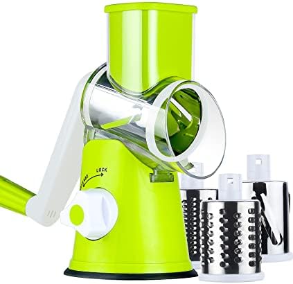 Ancevsk Rotary Cheese Grater Shredder, Speed Kitchen Manual Round Mandolin Slicer Safe Grinder with 3 Interchangeable Blades for Nuts, Carrot, Hashbrown, Garlic, Walnut, Potato, Chocolate (Green)