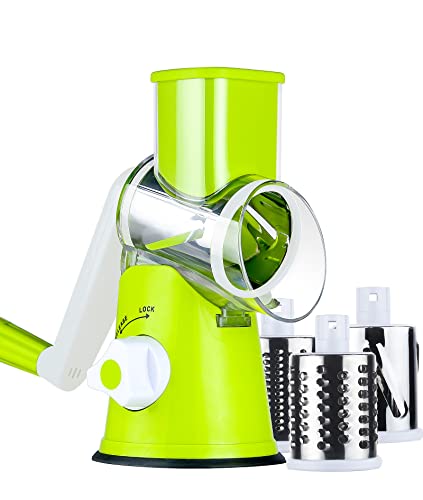 Ancevsk Rotary Cheese Grater Shredder, Speed Kitchen Manual Round Mandolin Slicer Safe Grinder With 3 Interchangeable Blades For Nuts, Carrot, Hashbrown, Garlic, Walnut, Potato, Chocolate (Green) #TOP5