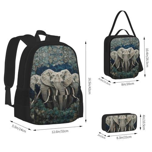 Elephants Art Print 3 Piece Backpack Set, Laptop Daypack, Lightweight Bookbag Set With Lunch Bag Pencil Case3