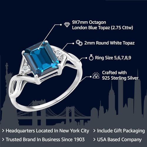 Gem Stone King 2.75 Cttw London Blue Topaz and White Topaz Engagement Ring For Women | 925 Sterling Silver | Emerald Cut 9X7MM | Gemstone Birthstone | Available In Size 5, 6, 7, 8, 92