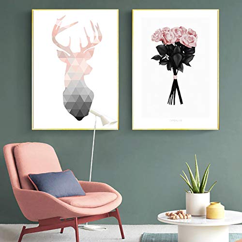 Poster cerf géométrique rose fleur, tableau décoration murale salon et chambre design nordique