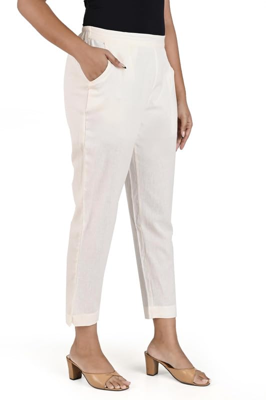 Image of Women's Solid Straight Fit 100% Cotton Trousers | High Waist, Side Pockets, Ankle Length Pants for Office, Casual