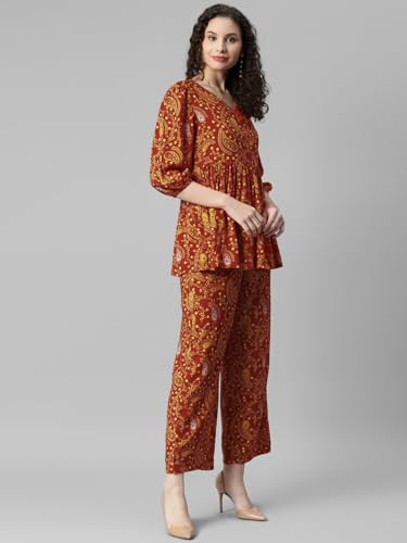 Image of DEEBACO Women's Paisley Print Rayon Top & Pants Co Ord Set For Women V Neck 3 /4 Puff Sleeve Ladies Party Casual Wear Fashionable For Girls Loose Fit Cord Set (DBCOMR00000988 XXL Multicolor)