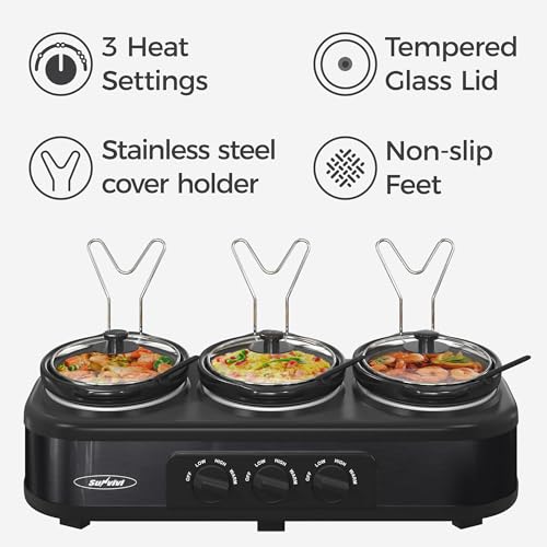 Image of Sunvivi Triple Slow Cooker Buffet Servers and Warmer,3 Pot Food Small Mini Manual Slow Cooker with Adjustable Temp Stainless Steel Lid Rests,Removable Ceramic Pot, 3 * 1.5 Quarts Black