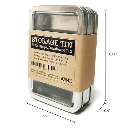 Image of Rectangular Metal Storage Tin Box with Windowed Hinged Lid - Plain Silver Blank Storage Case, Survival Kit Tins 5.5 inch x 3.5 inch (2X)