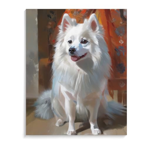 Paint by Numbers American Eskimo Dog DIY Acrylic Painting Kit with Brushes Pigment Oil Painting Artwork Adults Beginners Wall Decor 12x16inch(30x40cm) Frameless