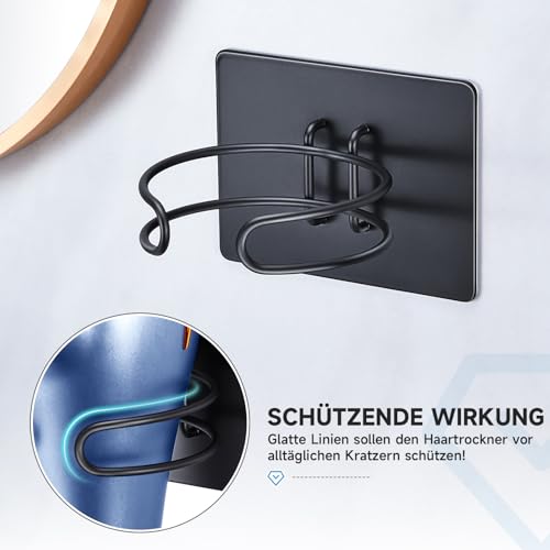 LOXSUN Föhn Halterung, Fönhalter Ohne Bohren, Edelstahl Föhnhalter Wand, Halterung für Fön Aufbewahrung Haartrocknerhalter, Fönhalterung Selbstklebend Föhnhalterungen für Bad (Schwarz) 3