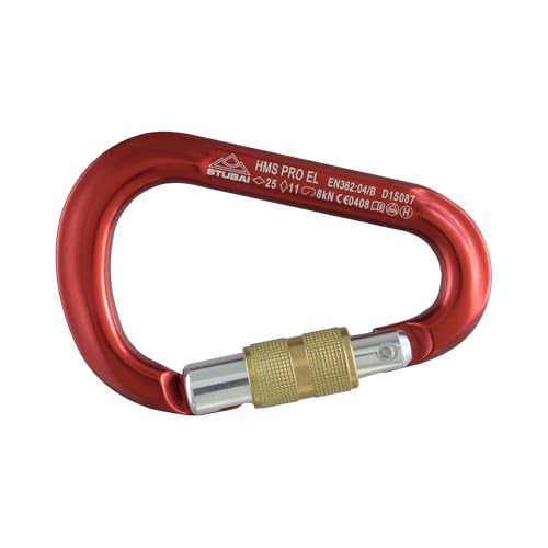 STUBAI HMS Karabiner Rot | Schraubkarabiner 115×73 mm mit Easylock Keylock-Verschluss | EN 12275/EN 362/UIAA 121 Zertifiziert, 25/11/8 kN, Schnapperöffnung 23 mm, 100 g, für Klettern & Bergsteigen