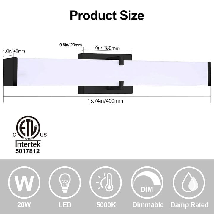 Image of LED Bathroom Vanity Light Cool White 5000K Black Modern Matte Bathroom Lighting Fixtures; 16 Inch IP44 20W Equivalent to Incandescent 200W for Over Mirror Vanity Light - ETL Listed (1 Pack)