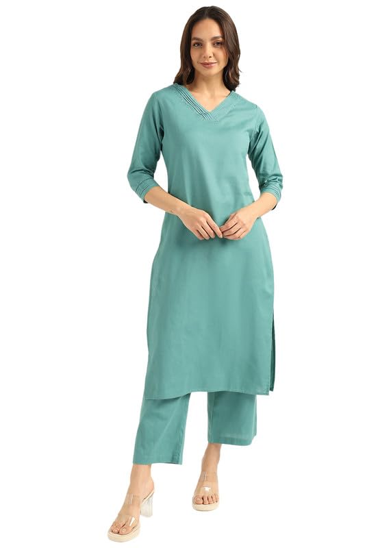 BLOCKS OF INDIA Women's Solid Straight Kurta Set | Hand-Stitched Neck Details with Pintucks | Comfortable Pants with Pocke...
