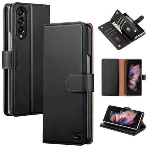 Shieldtop Compatible with Samsung Galaxy Z Fold 3 Wallet Case with Card Holder,Women Man Phone Case RFID Blocking PU Leather Flip Protective Cover Credit Card Holder Slots Kickstand,Black