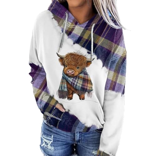 Highland Cow Hoodie Women Cute Funny Graphic Print Hooded Sweatshirt Cowgirl Long Sleeve Pullover Tops Shirt Large Purple
