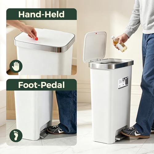Image of Trash Can with lid,12 Gallon Slim Tall Garbage Can,White | Kitchen Trash Bin Step-on with Lid, Plastic Garbage Can with Stainless Steel Rim for Bathroom,Living room,Bedroom,Yard