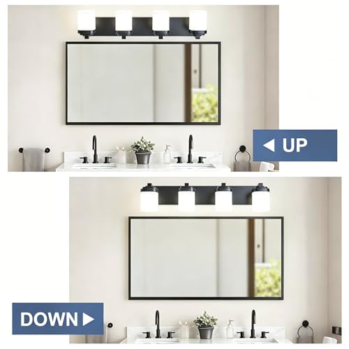 Image of 29 Inches Bathroom Vanity Light, 4-Light Black Bathroom Light Fixtures Over Mirror, Bathroom Light Shower Lamp with Milky White Square Glass Shade, Modern Farmhouse Lighting Fixtures