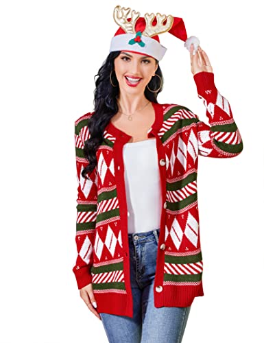 KOJOOIN Cardigan de Noël pour Femme Pull tricoté à col en V avec Bouton Cardigan Festif Hiver Confortable Long Vêtements d'extérieur Rouge XXL Cover
