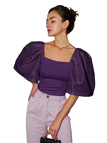 Floerns Women's Square Neck Puff Short Sleeve Elegant Blouse Crop