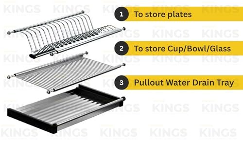 Image of KINGS Stainless Steel 2 Tier Dish Rack & Drainer | Strong, Rust Proof Utensil Stand with Drip Tray Pullout for Quick Drying | Suitable for Cabinet Internal Width 73.5cm to 77cm