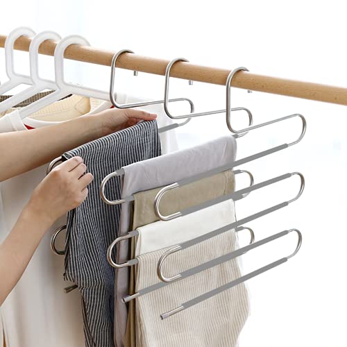 Pants Hangers Non Slip Space Saving Hangers 6 Pack S-Shape Trousers Hangers Stainless Steel Clothes Hangers Closet Organizer For Pants Jeans Scarf Trouser Tie Towel(6 Pack Gray) #TOP4