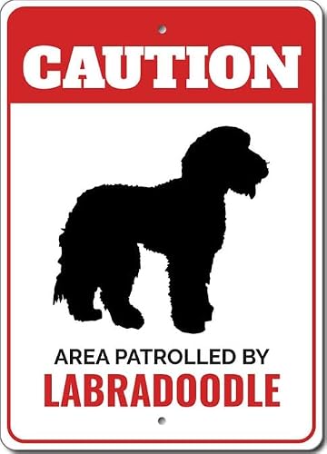 Patrolled By Labradoodle Caution Metal Sign Dog Kennel Pet Breed Canine K9 Paw