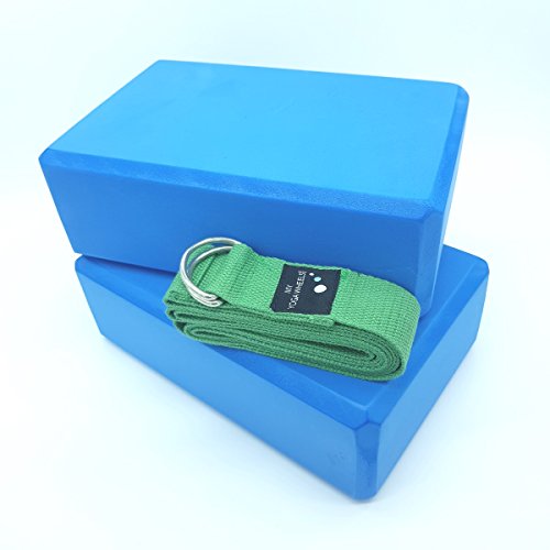 MyYogaWheels  2 bloques para yoga o pilates y correas elásticas, mujer hombre, Block and Strap Set, Blue Blocks + Green Strap