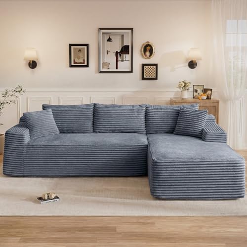 Image of 95 inch L Shaped Cloud Boneless Sectional Couches for Living Room, Modern Comfy Modular Deep Seat Memory Foam Compressed Corduroy Sofa Oversized Right Facing Chaise, No Assembly Required, Grey