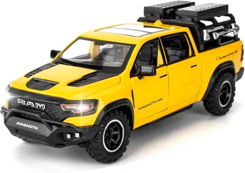 Image of 1 /32 Ram Pickup Truck Diecast Model Toy Car Metal Truck with Sound & Light Pull Back Friction Powered Toy Vehicle Openable Doors Collectible Gift for Kids & Boys (Yellow)