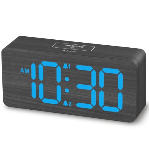 Image of uscce Wooden Digital Alarm Clocks for Bedrooms with 0-100% Dimmable Display | Desk Clock with Large Numbers for Living Room - Loud Dual Alarm for Heavy Sleepers with Volume Control - Wood Decor & Gifts