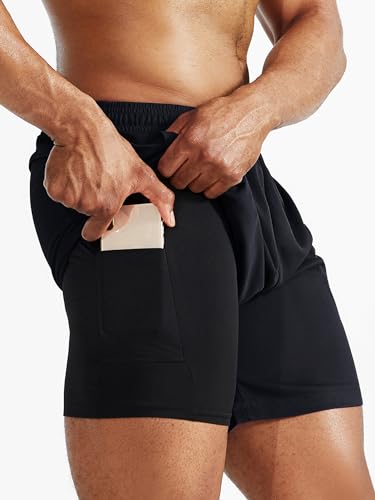 Cadmus Men's 2 in 1 Running Shorts with Liner,Dry Fit Workout Shorts with Pockets,Black,M - Image 3