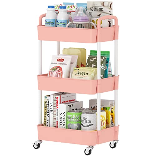 Image of Sywhitta 3-Tier Plastic Rolling Utility Cart with Handle, Multi-Functional Storage Trolley for Office, Living Room, Kitchen, Movable Storage Organizer with Wheels, Pink&White