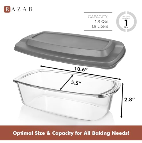 image for Razab LARGE 7.6 Cups/1800 ML/1.9 Qt Glass Loaf Pan with Lids - Meatloa