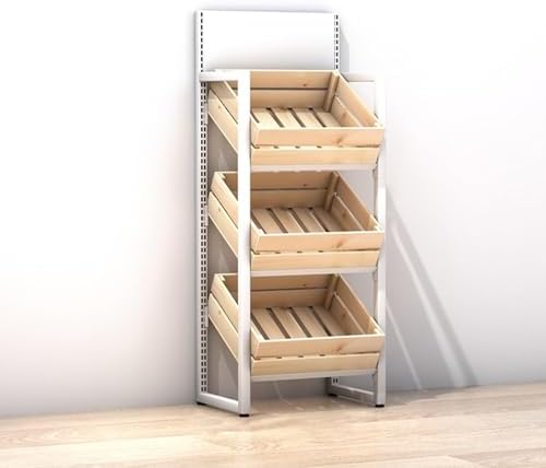 Large Capacity Supermarket Fruit Vegetable Shelf, Retail Snack Rack Display with Wooden Baskets for Kitchen Storage, Commercial Grade Organizer for Groceries and Produce