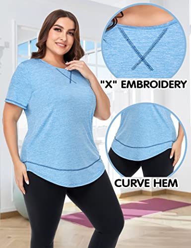 Cootry Plus Size Workout Tops For Women Short Sleeve Loose Fit Shirts Athletic Gym Yoga Clothing Short Blue 3Xl #TOP2