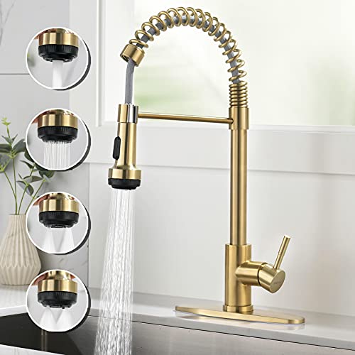 Rainovo Grifo de cocina con pulverizador de 4 modos - Oro cepillado - Grifo de fregadero de cocina con resorte de acero inoxidable con placa de cubierta - Grifos de mango único - Arco alto moderno con
