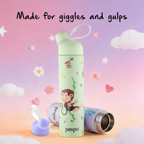 Image of Go24 pexpo Water Bottle for School Kids, ISI Certified Stainless Steel Sipper Bottle for Kids 470ml (Pack of 2) | Hot & Cold Thermos Insulated Water Bottle|6+ Years Kids|Pico 500 - Green - Monkey