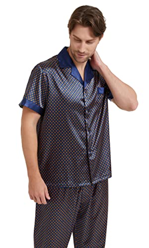 Men's Silk Satin Pajama Set Short Sleeve Loungewear Button Down Sleepwear with Long Pants4