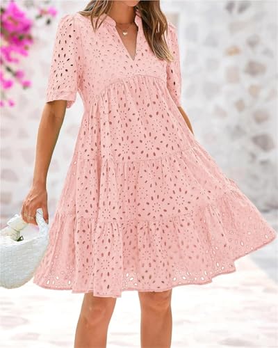 The Beauty North Eyelet Dress, Women's Elegant Hollow-Out V-Neck Short Sleeve Casual Ruffle Mini Dress2