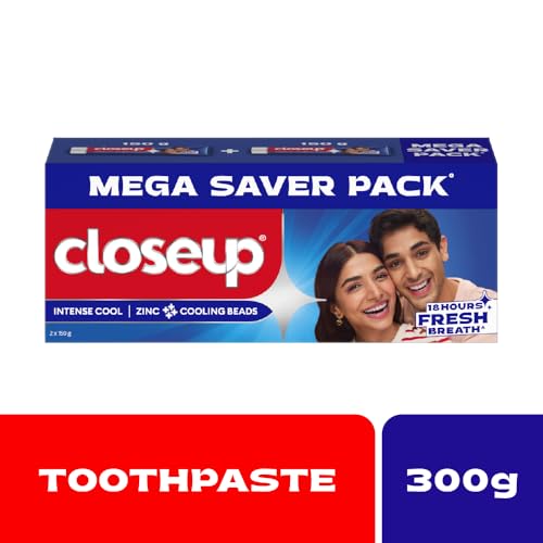 Image of Closeup Intense Cool Blue Gel Toothpaste with Cooling Beads | Intense Cooling | 18 Hours of Fresh Breath, 300g (150g x 2)