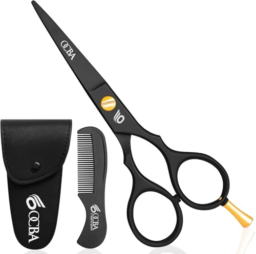 OCBA Beard Scissor Professional Moustache Scissors Ear and Nose Hair Trimming Scissors Stainless Steel Safety Use for Eyebrows (Classic Black)