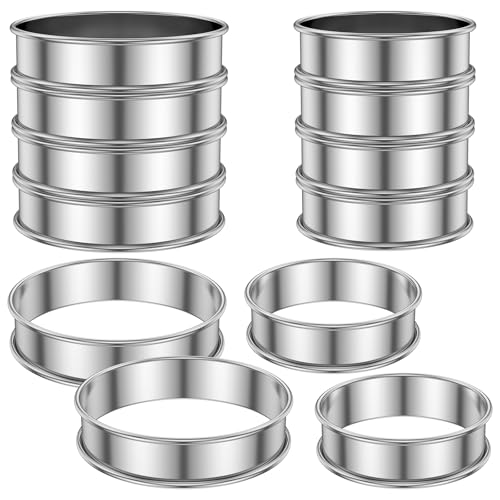 ZJMCAJY 12-Piece English Muffin Rings, 304 Stainless Steel, Double Rolled Edges, 8cm & 10cm Sizes, Nonstick, Dishwasher Safe