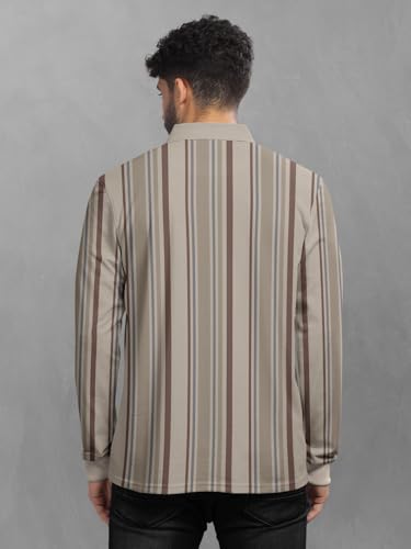 Image of BULLMER Striped Textured Printed Polo Neck Fullsleeve T-Shirt with Rib for Men