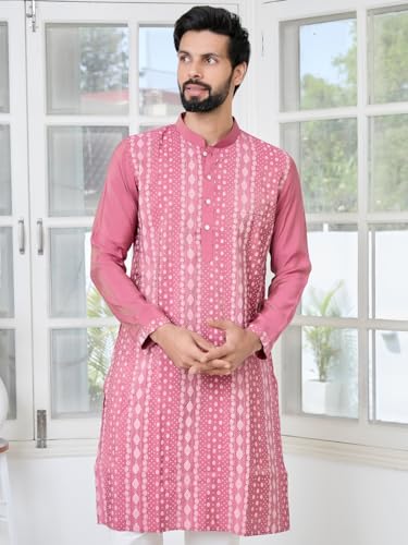 Image of See Designs Men's Full Sleeve Mandarin Collar Floral Embroidered Mandarin Collar Thread Work Straight Long Kurta - Festive Collection