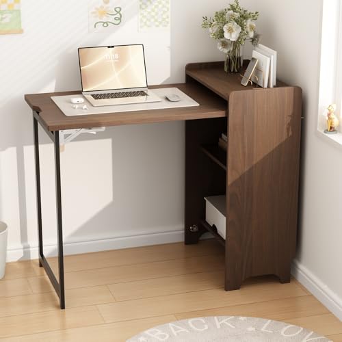 Image of PREMTURE Folding Desk Cabinet with Storage Shelves, Multifunctional Fold-Out Computer Desk, Space Saving Compact Writing Desk for Small Spaces Living Room Bedroom Home Office, Walnut Finish