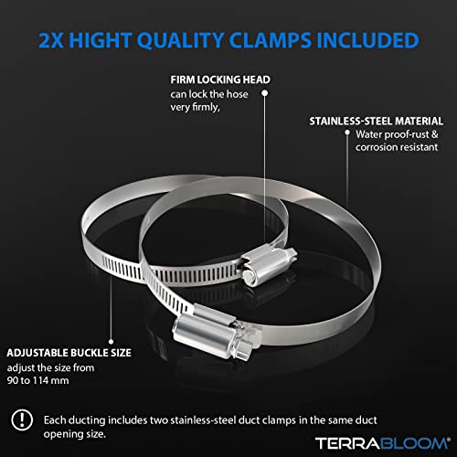 TerraBloom 4 Inch Aluminum Flex Duct - 25 FT Long, Flexible Ducting with 2 Clamps, 3 Layer HVAC Ventilation Air Hose - Great for Dryer, Grow Tent, Green Houses, Household HVAC Venting